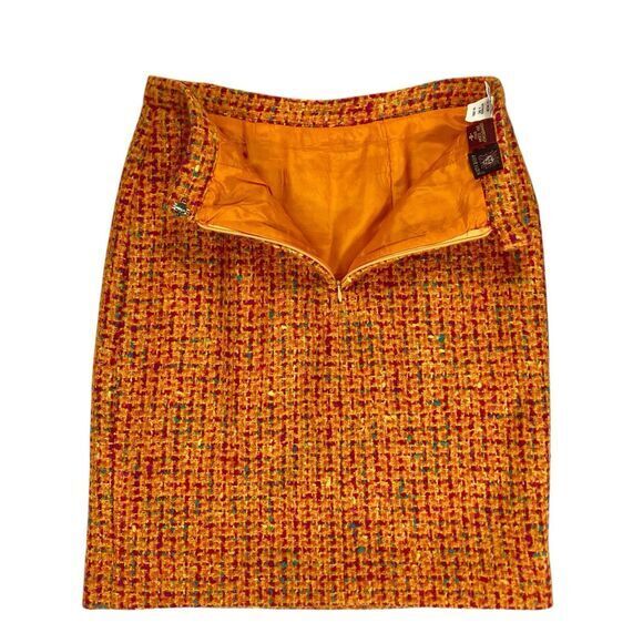 Anne Klein Tweed Mini Pencil Skirt Sz 8 Orange Red Plaid Vintage 80s 90s Elegant - Picture 6 of 12